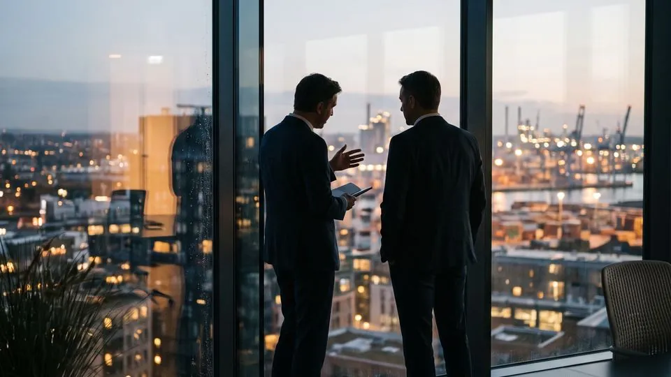 Two executives in conversation by a window overlooking a city and port at dusk