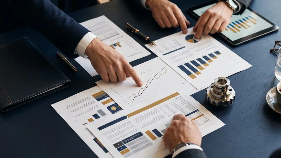 Executives reviewing financial charts on a table, with a machined metal part beside them