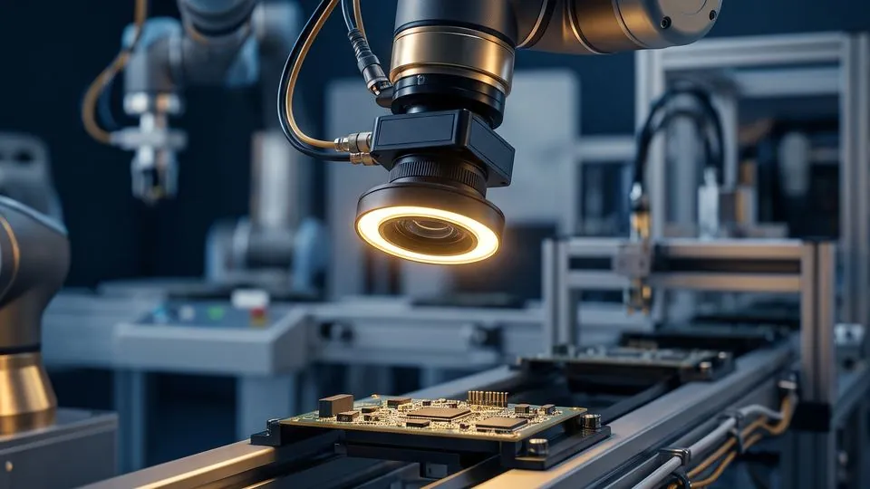 Robot arm with a ring-lit camera inspecting a circuit board