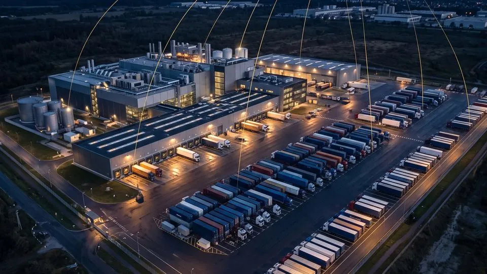 Aerial view of a production plant and logistics hub at dusk, with gold lines rising into the sky