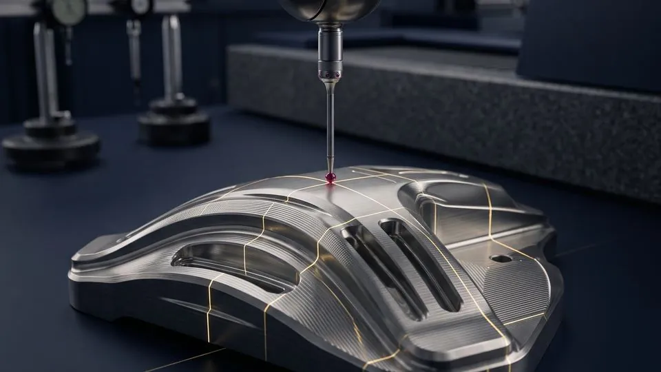 Measuring probe touching a precision-machined metal part