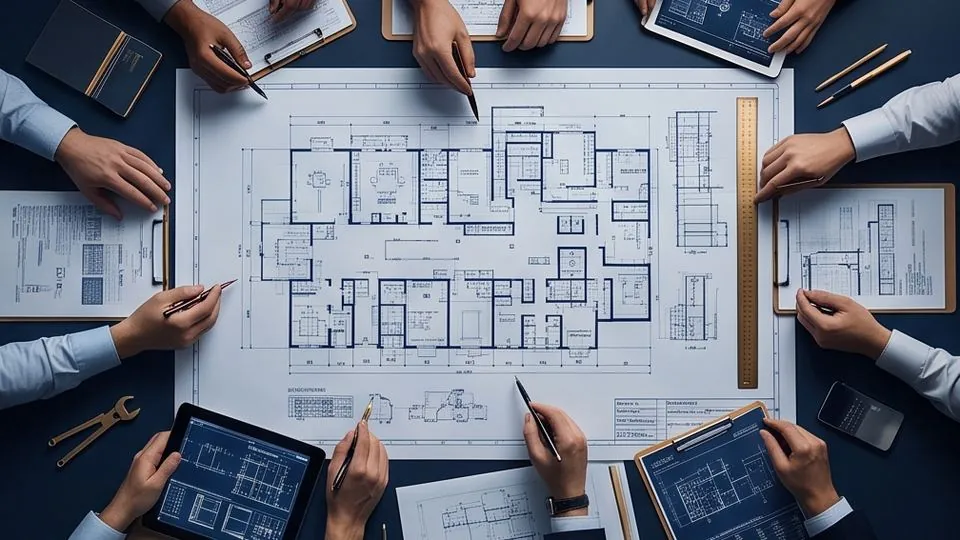 Team working on a facility layout drawing