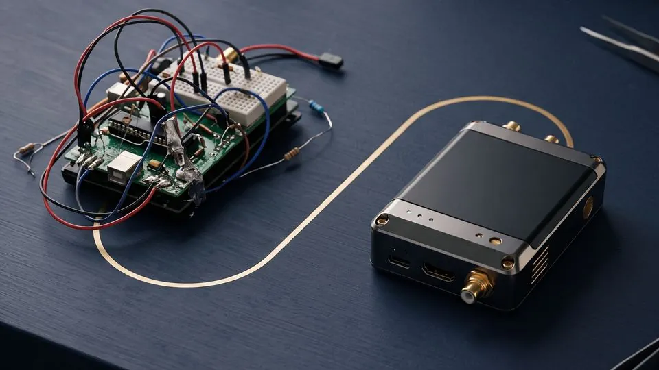 A hand-wired electronic prototype beside the finished production unit