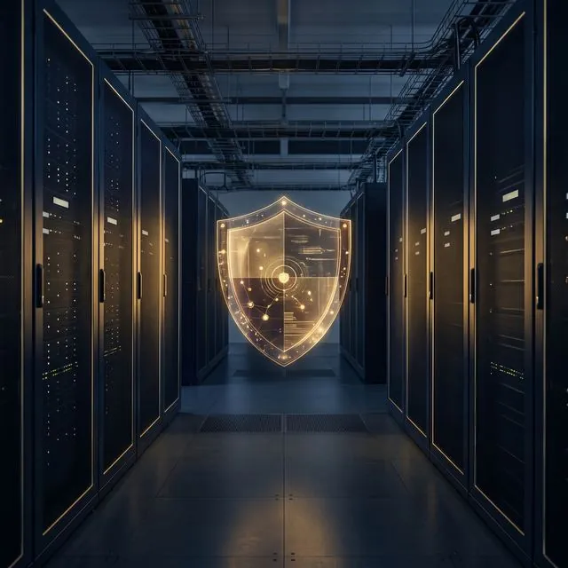 Glowing shield in a server room aisle