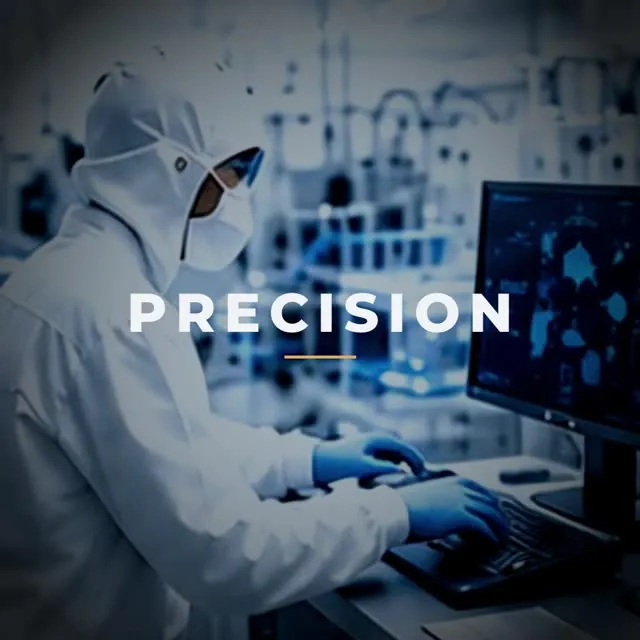 Engineer in a cleanroom suit at a workstation