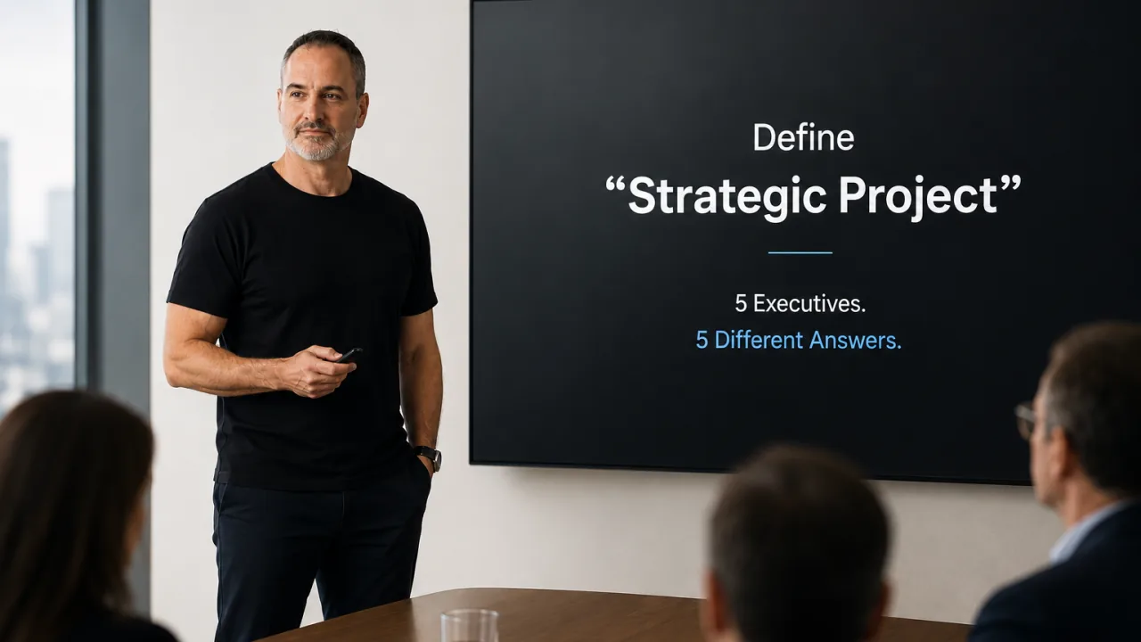 Illustration: a screen reading: Define strategic project. 5 executives, 5 different answers.