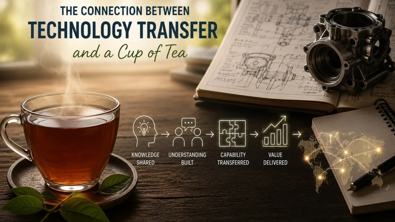 Illustration: a cup of tea beside engineering drawings, with the steps of a technology transfer.